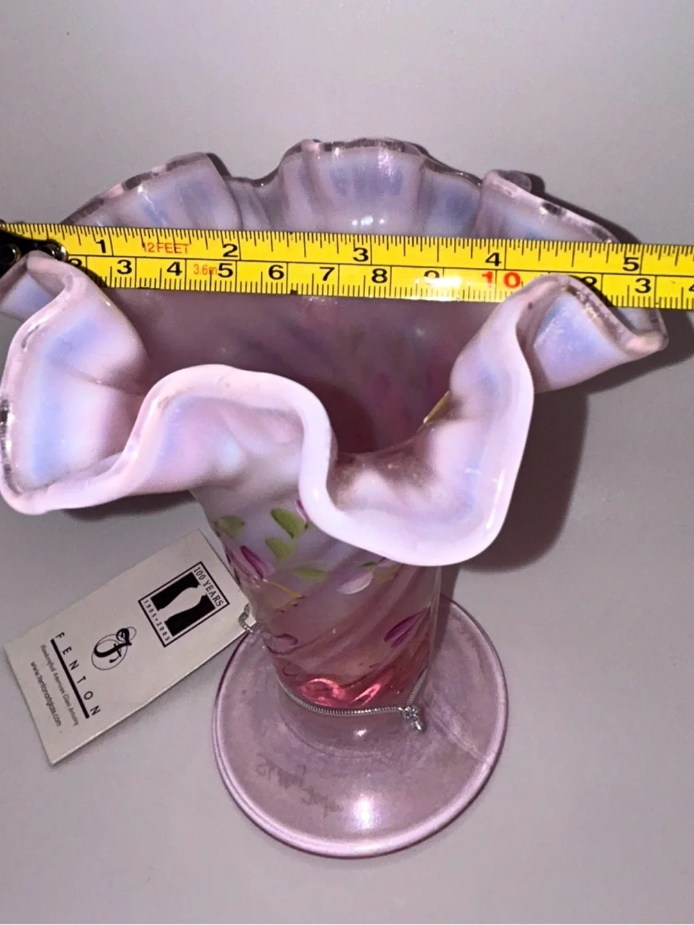 FENTON 100th ANNIVERSARY Rosemilk Floral Painted Art Glass Vase SIGNED